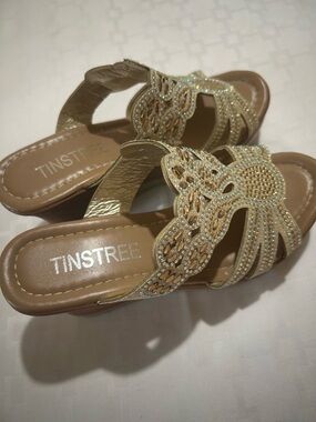 Tinstree Champagne Gold Beaded Platform Wedge Sandals 5